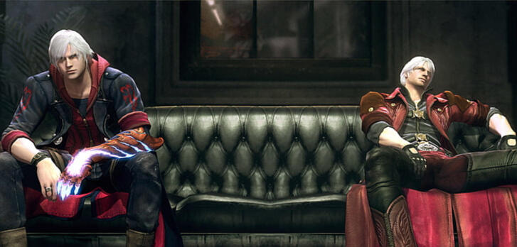 Two men sitting on a long couch. The men are from Devil May Cry. The man on the left is Nero, on the right is Dante
